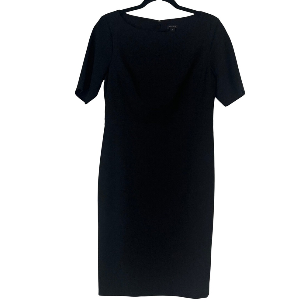 Ann‎ Taylor Black Sheath Dress Women's Sz 4 Half Sleeves Boatneck Classic
